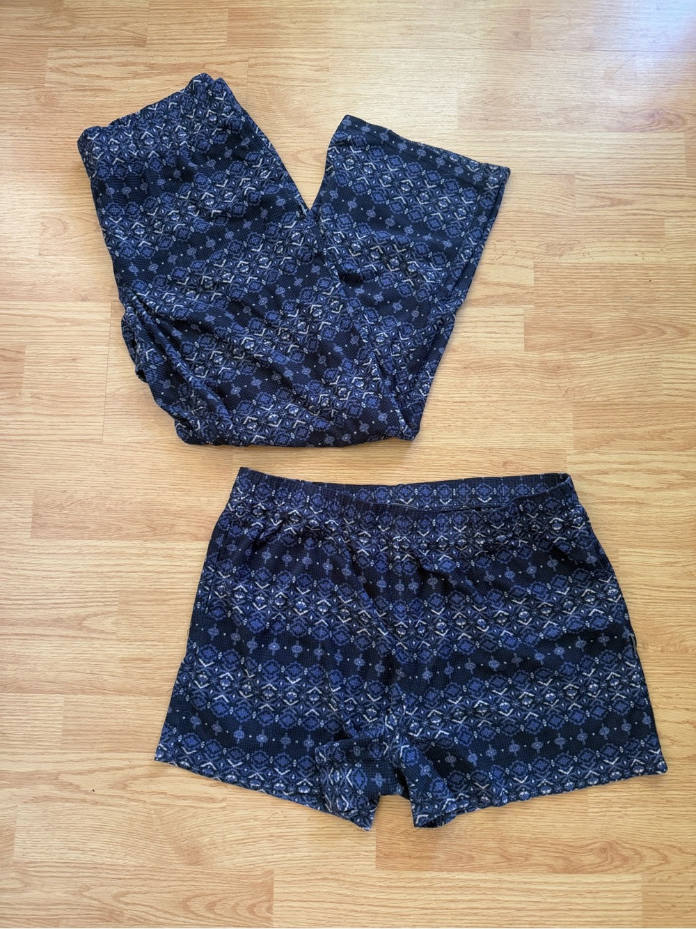 Eddie Bauer Waffle Knit Pajama Set XL Blue Fair Isle Thermal Pants & Shorts 2PC